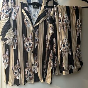 Dressed in LALA Cat Print Striped Jumpsuit - Black and Tan